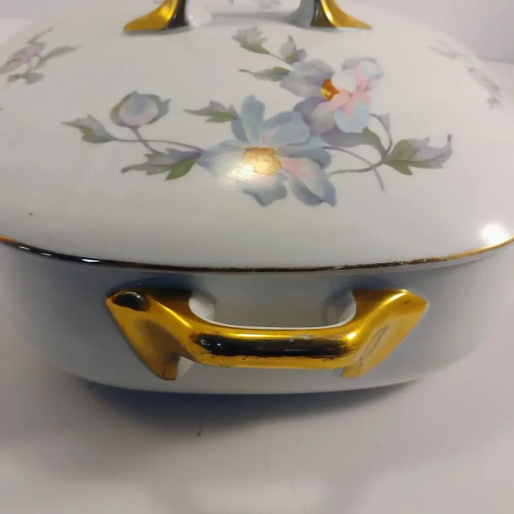 Vintage Japan Covered Vegetable Dish – Floral Pastel & Gold Trim – 8